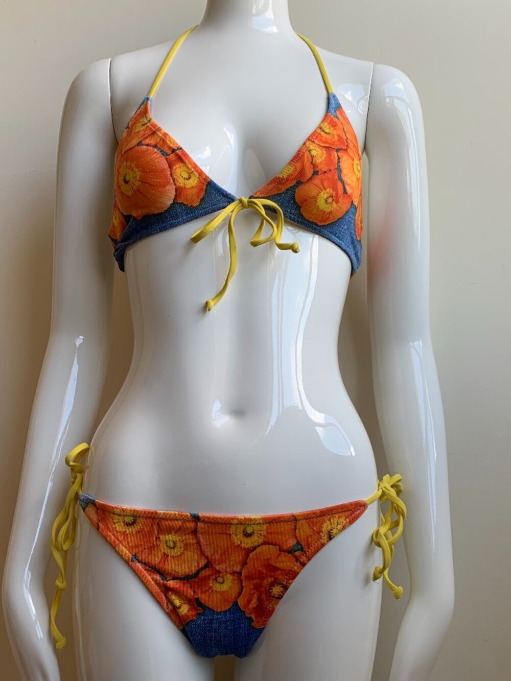 Aaron Chang denim orange floral reversible bikini